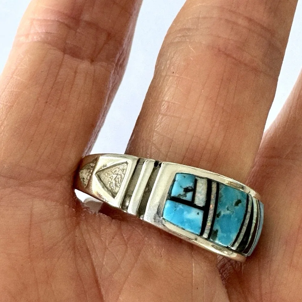 Mens Navajo Wedding Band Sz 12.5 Turquoise Opal Inlay 9mm‎ Ring Signed Tolino